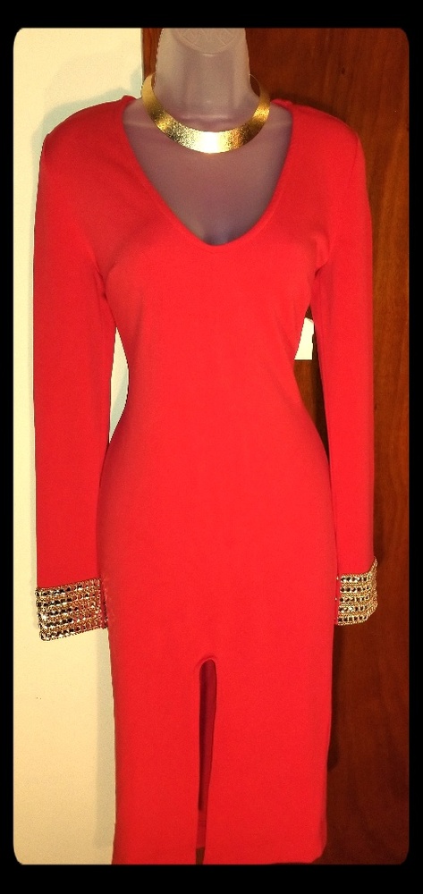 Red dress with jeweled cuffs